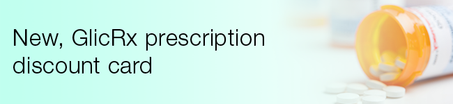 A picture of a prescription bottle and medicine on a blue background with the words New, GlicRx prescription discount card.  